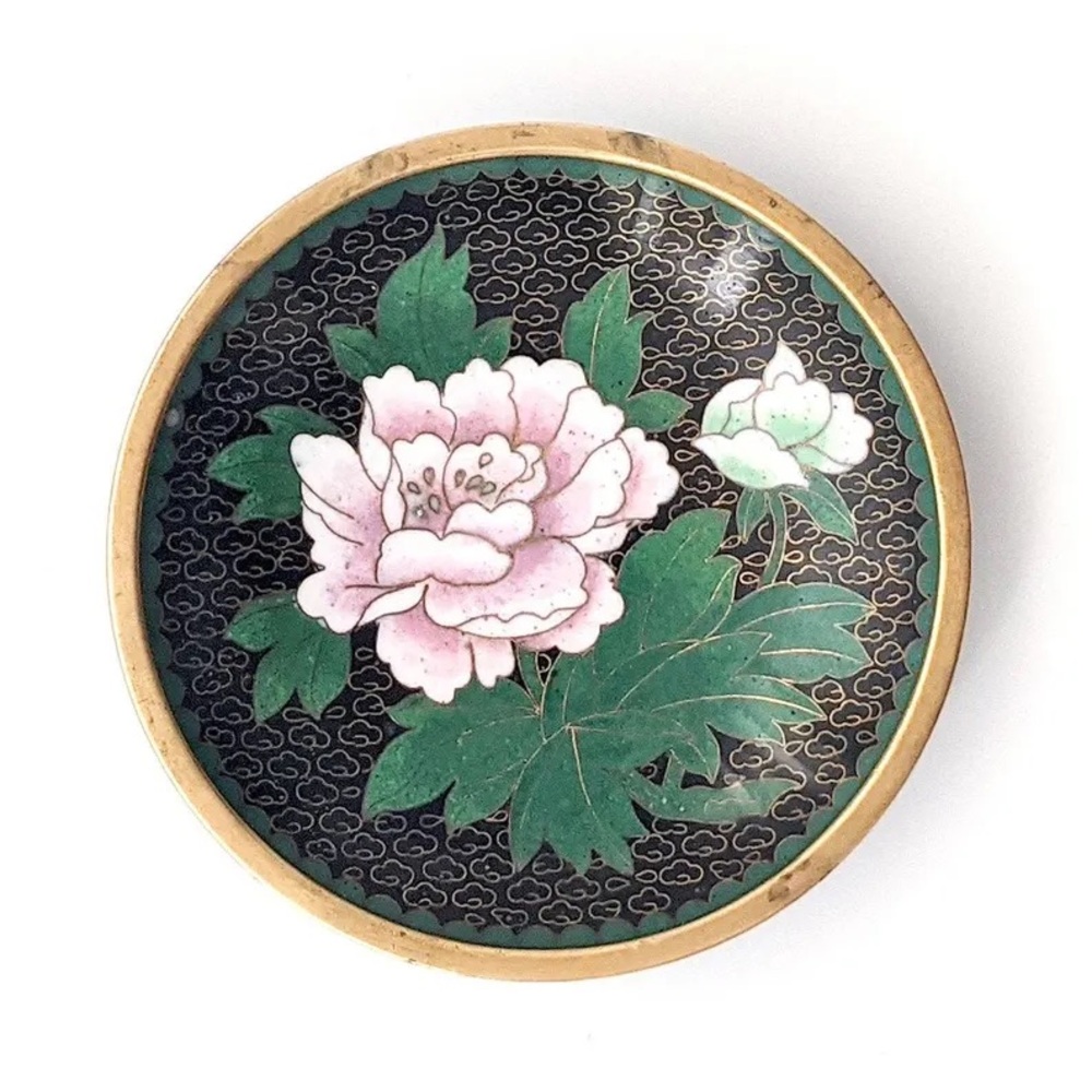 Vintage Pink and Green Floral Cloisonné Trinket Dish